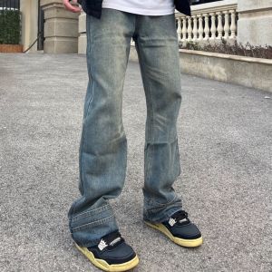 กางเกงยีนส์ทรงหลวมสไตล์สตรีทอเมริกัน ทรงขาบาน กางเกงขายาวทรงเข้ารูป แฟชั่นสำหรับผู้ชาย ฤดูใบไม้ผลิและฤดูร้อน 2024