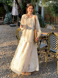 Bộ Váy Dài Tay Thêu Cạp Cao Thời Trang Cho Bà Bầu Mùa Xuân Hè Mới Về Khóa Cài Mũi Lợn Váy Nửa Thân