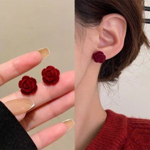Red Flower Earrings Women Korean Fashion Elegant Earring Ear Stud Accessories Jewelry for Girls