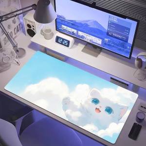 Bandai | Black Cat and Clouds Keyboard Mat Extended Mouse Pad with Stitched Edges Office Desk Protector Pink and Purple XXL
