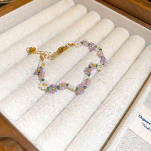 Country Style Fresh Rice Bead Titanium Steel Flower Necklace Bracelet Ring Set for Girls Trendy Forest System Jewelry