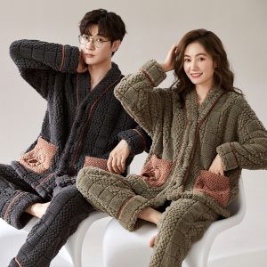 Thickened Coral Fleece Flannel Pajamas Set Warm Cardigan Sleepwear for Couples Autumn Winter Home Clothes Long Sleeve V-Neck