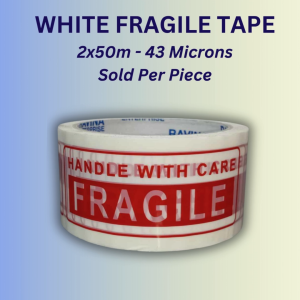 1 roll WHITE FRAGILE TAPE – 2 Inches x 50 Meters | 2 Inches x 100 Meters | Heavy Duty Packaging Tape (43 Microns)