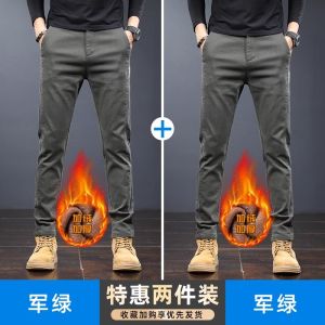 Mens Fleece Lined Thickened Elastic Casual Pants Straight Leg Long Trousers Autumn Winter Style Comfortable Loose Fit Jeans