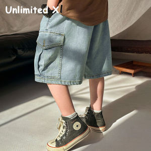Không giới hạn x Boys Quần Short Jeans Quần Túi Hộp trẻ em quần short 5/4 mùa hè trung lớn trẻ em denim 5/4 quần short