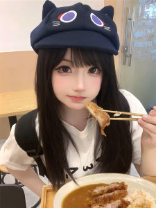 Sweet Cute Cartoon Style Beret Hat for Women Thin Spring Autumn Ears up Octagonal Hat Small Face Effect Casual Street Wear