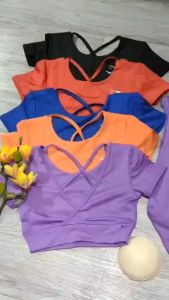 Đồ tập yoga nữ tập gym set bộ áo crop ngắn tay kèm mút quần dài thun poly co dãn tốt nhiều màu Bin Sports BD191