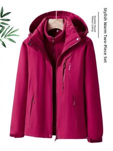 Womens Three-in-One Detachable Fleece Jacket Thickened Autumn Winter Outdoor Clothing Windproof Waterproof Breathable Coat for Middle-Aged Mothers Large Size