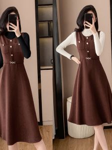 Elegant Vest Dress Womens Autumn Winter Woolen Long Skirt Base Shirt Waist Inward Mid-Length Skirt Two-Piece Set round Neck