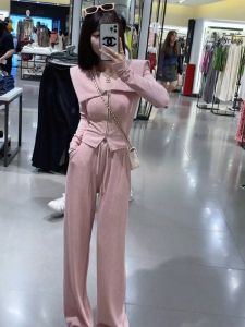 Áo Len Dệt Kim Dài Tay Cổ Bẻ Nữ Thu Đông 2026 Quần Ống Rộng Cạp Cao Hai Mảnh Quần Áo Công Sở Thời Trang