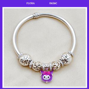 FLORA 0626C - Vòng tay bạc ta hình Kuromi màu tím mix charm hình quả cầu phay và cầu kim tiề n dành cho bé gái