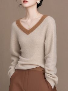เรียบหรู แคชเมียร์ เสื้อสเวตเตอร์ถัก ผู้หญิง ฤดูใบไม้ร่วง ฤดูหนาว แขนยาว คอวี แฟชั่น หรูหรา เสื้อเชิ้ตความรู้สึกระดับไฮเอนด์อันเป็นเอกลักษณ์