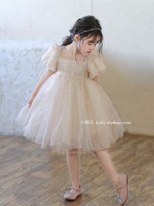 Girls Short Sleeve Sequin Bubble Sleeve Dress Summer New Style Princess Skirt Birthday Dress Sparkling Mesh Fabric Childrens Clothing