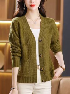 ฤดูใบไม้ผลิ ฤดูใบไม้ร่วง คอวี สีบริสุทธิ์เปิดด้านหน้า เสื้อคาร์ดิแกนแคชเมียร์ ผู้หญิงถักสั้น หลวม แขนยาว เสื้อสเวตเตอร์ เสื้อแจ็คเก็ต หลากหลาย