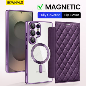 BKWHALE Magnetic Phone Case For Samsung Galaxy S25 Ultra S24 + S23 Ultra S22 + S24 Ultra S25Edge S24FE S23FE Full coverage lens + Card Holders Leather Flip Cover Clear Back Cover