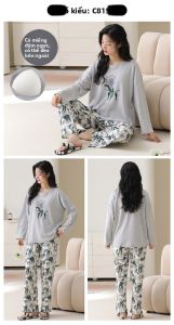Bộ đồ ngủ nữ MiiOW làm bằng vải cotton dài tay quần dài cổ tròn có đệm ngực
