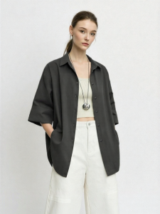 AMII | Simple and Commute Style Loose Cotton Shirt with Curved Hem Turn-Down Collar