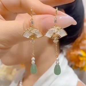 Elegant Long Tassel Fan Shaped Earrings for Women Trendy Design Chinese Style Fashion Jewelry Dangle Earrings Alloy Material
