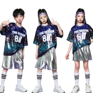 LOlanta 2Pcs Childrens Hip Hop Sequins Performance Costumes Kids Students Group Jazz Dance Cheerleading Clothes Stage Girls Boys 4-14Years