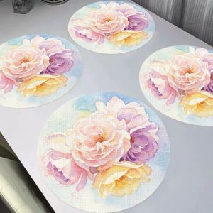 VIKAMA 2/4/6Pcs Watercolor Peony Circular Placemats Anti Fouling Easy To Clean Anti Slip Household Dining Table Kitchen Decor