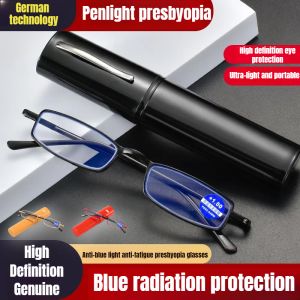 Portable Anti-blue Light Reading Glasses Pen Clip Tube Case Folding Compact Small Ultra-light Glasses