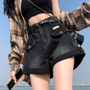 QIAOMIDUO | Quần short denim ống rộng cạp cao mùa hè cho nữ dáng quả lê cỡ lớn quần jeans đen không đều