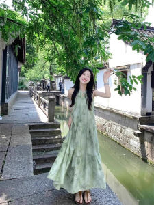 New Chinese Style Womens Sleeveless Neck Hanging Long Dress Green Floral Print Loose Waist Summer Casual A-Line Dress