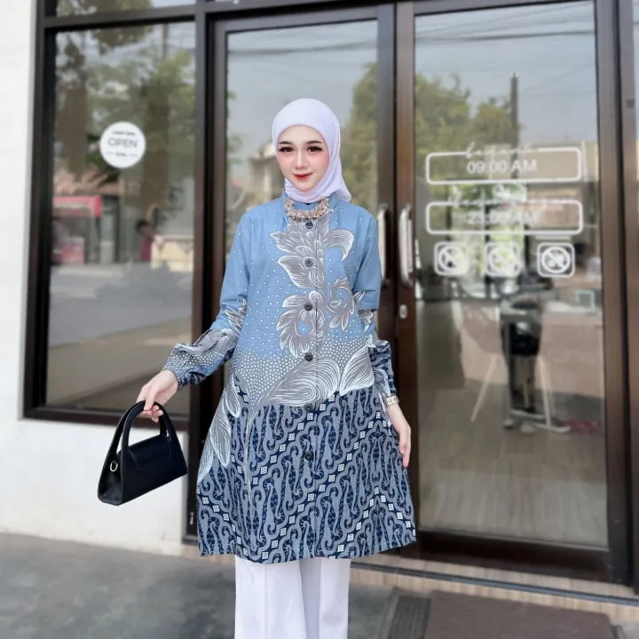 Couple%20Tunik%20Anggrek%20Blue%20Katun%20Seragam%20Batik%20Tunik%20Wanita%20Kerja%20Kantoran%20Jumbo%20Lengan%20Panjang%20-%20Image%202
