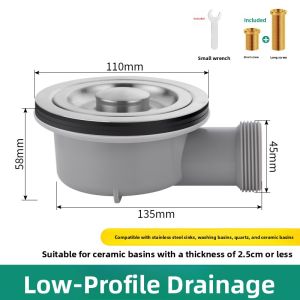 Stainless Steel Kitchen Sink Drain Pipe Ceramic Dishwashing Sink Side Drain Accessories Horizontal Rearrange Water Supply