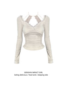 Áo Thun Cotton Dài Tay Cổ Treo Ren Nữ Thu Đông Ôm Vừa Vặn Màu Trắng Áo Lót Cotton Nguyên Chất Phong Cách Ngọt Ngào