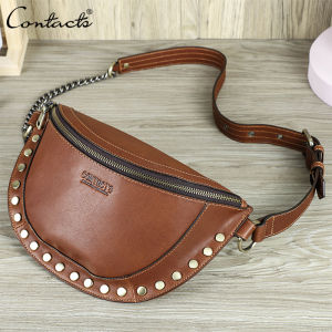 Contacts Genuine Leather Casual Women Waist Bag Fanny Pack Luxury Rivet Design Travel Chest Bag Female Crossbody Bag Handbag