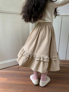 Spring Autumn Plaid Print Half Skirt for Girls Cotton Korean Style Childrens Clothing Midi Skirt Gingham Pattern Skirts