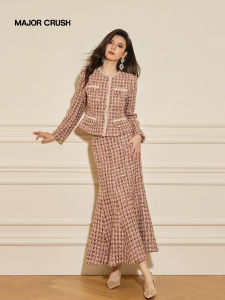 Luxury Coarse Tweed Hibiscus Rose Style Suit Dress