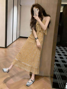 BIFEIMENG | Đầm Halter Họa Tiết Hoa Vàng Mùa Hè