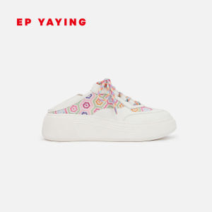 EP YAYING Womens Shoes Thick Bottom Contrast Color Block Rear Footwear Two-Way Wear Casual Style Leather Fabric Upgraded Version