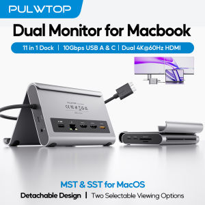 PULWTOP 11 in 1 Docking Station Stand Laptop Dock with 2 HDMI PD Ethernet USB-A/C 10Gbps for MacBook Pro/Air M3Pro/M4/M5 Pro