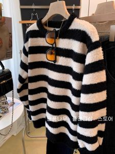 Korean Style Soft Thickened Stripe round Neck Womens Sweater Autumn Winter Loose Knitted Top Christmas Morning Shirt