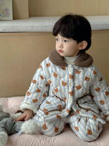 Thickened Cotton Sleepwear for Boys And Girls Autumn Winter Home Clothes Long Sleeve Warm Flannel Childrens Home Suit