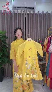 Áo dài mẹ và bé Cúc Vàng Mộc Trà 4 tà 2 lớp đính kết thủ công cao cấp {10-75kg} - Áo Dài Hoàng Mai