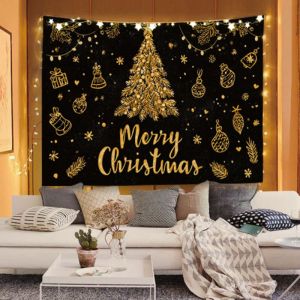 VIKAMA Merry Christmas Tree Cat Star Tapestry Winter Christmas Wall Hanging Bedroom Dormitory Festival Party Decoration