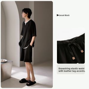 yuenei | Mens Summer Cotton Pajamas Short Sleeve Black Comfortable Breathable Home Clothes Set Casual Loose Fit Round Neck Design