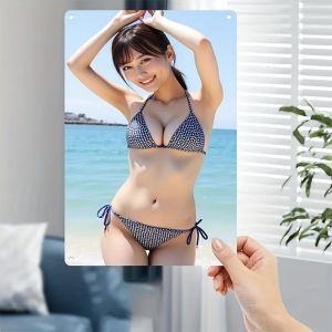 CIFbuy | Vintage Bikini Beach Girl Metal Wall Art Sign - 2D Flat Blue & White Swimsuit Poster