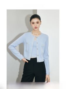 MandyZhang 100% Wool Blue Knitted Sweater Women Spring Autumn OL Style Two-Piece Set Small Fragrance Wind Knitwear Vest Cardigan