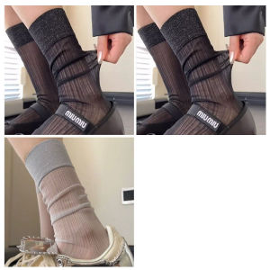 Black Glass Silk Card Silk Patch Thin Design Simple Stackable Socks Spring Summer MlU Favorite Black Series Womens Shoes Accessories