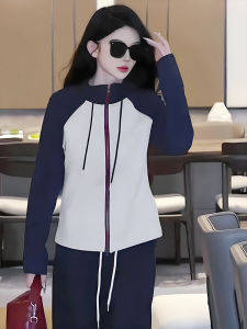 Korean Style Early Autumn Color Block Long Sleeve Hoodie Jacket Womens Fashionable Elegant New Arrival Top Zipper Closure