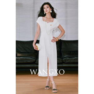 WANGXO | Đầm ôm eo cổ V tách vai 3D kiểu điêu khắc đơn giản