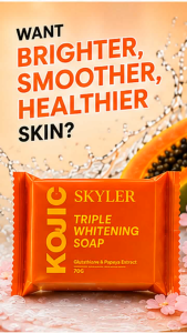 SKYLER KOJIC TRIPLE WHITENING SOAP 70G. Whitens nourishes protects. Glutathione & papaya extract. For all skin types. Alcohol-free and cruelty-free.