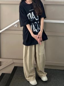 Khaki Wide Leg Pants Womens Loose Casual Straight Cut Neutral Workwear Long Trousers Spring Lazy Style High Waist Cotton