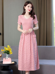 ชุดเดรสยาวผ้าลินินคอตตอนลายดอกไม้ฤดูร้อน ทรงหลวม แขนสั้น คอวี กระโปรงทรงเอ ชุดทำงานสไตล์เกาหลี สำหรับผู้หญิงไซส์ใหญ่