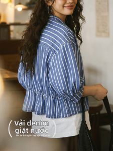 MADEN | Áo Vintage Cổ Cao Tay Lồng Sọc Xanh Ngắn